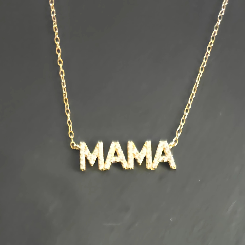MAMA Necklace – 18K Gold Plated 925 Sterling Silver with White 5A Zirconia, Mother’s Jewelry Gift