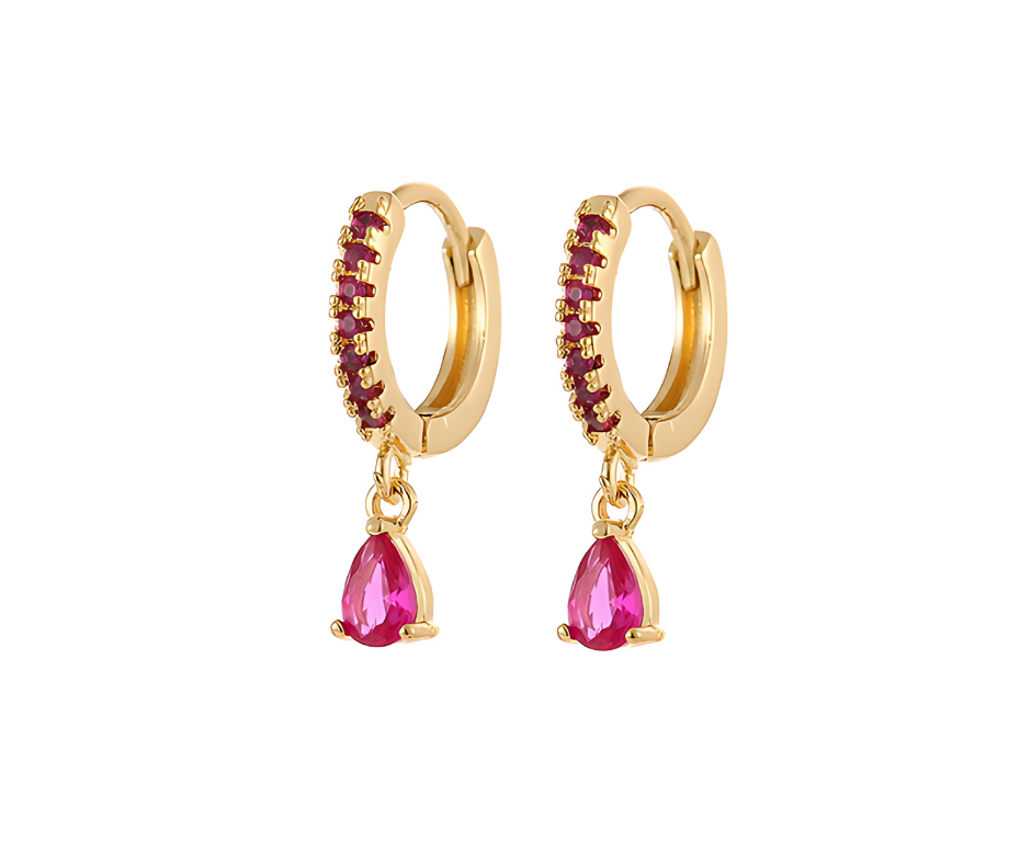 Magenta Droplet Earrings in Gold-Filled Stainless Steel With Cubic Zirconia