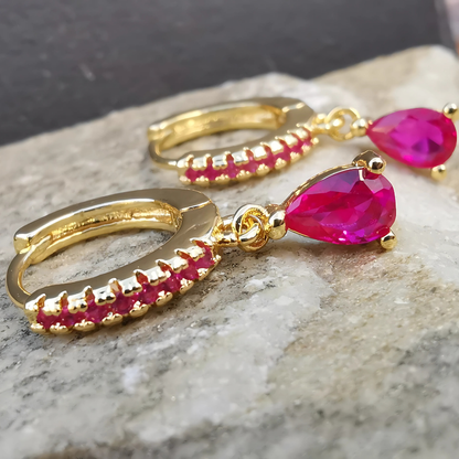 Magenta Droplet Earrings in Gold-Filled Stainless Steel With Cubic Zirconia