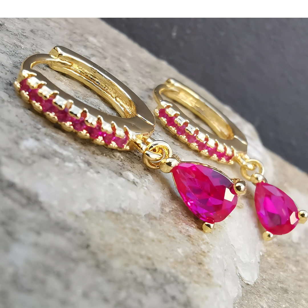 Magenta Droplet Earrings in Gold-Filled Stainless Steel With Cubic Zirconia