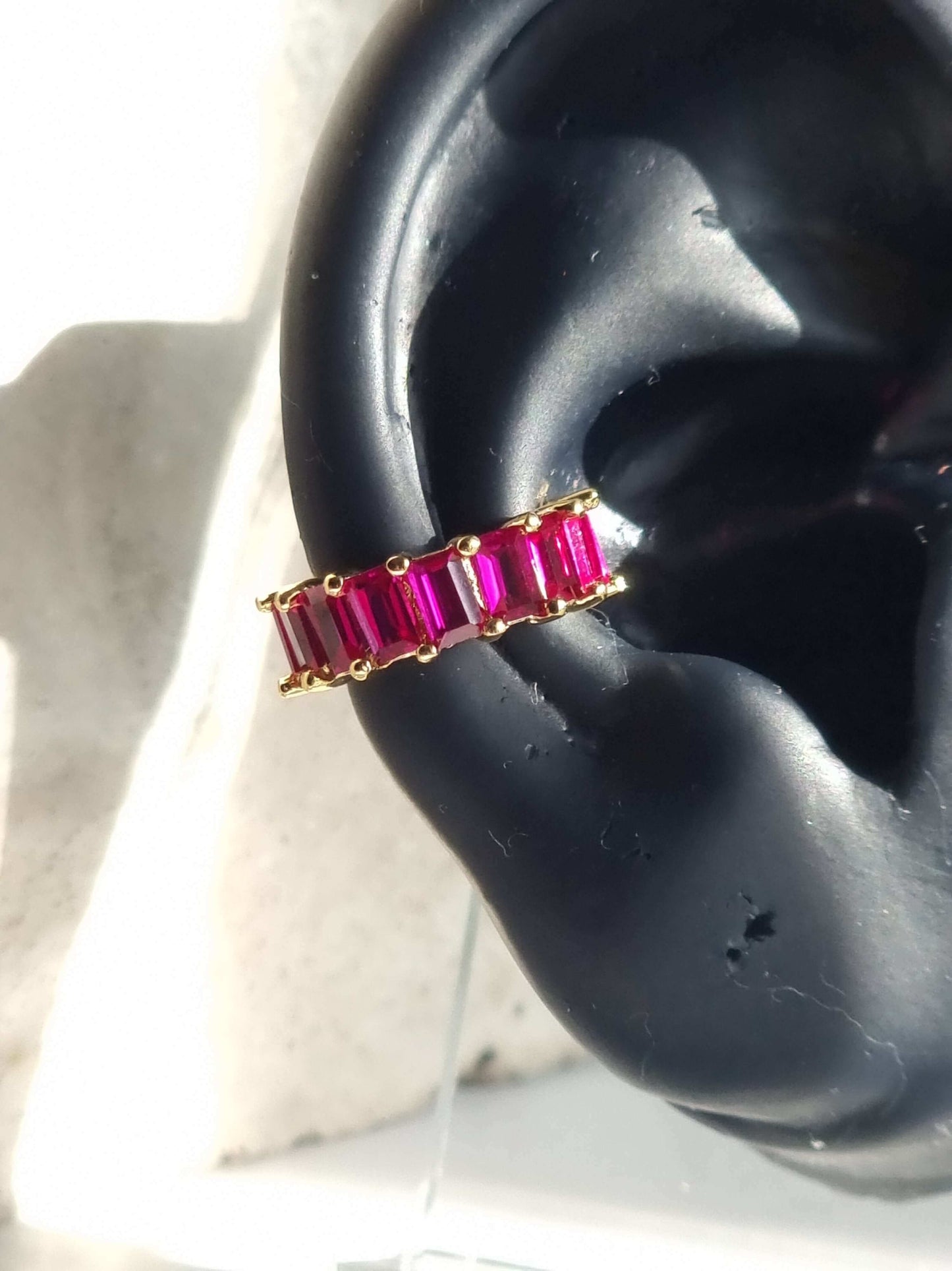 Magenta gold no piercing ear cuff on ear