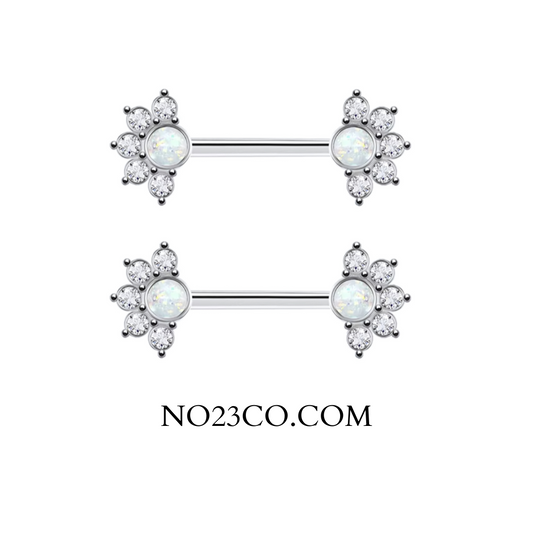 Mandala Flower Opal Stone Nipple Bars Piercing – 14G silver surgical steel jewelry with hypoallergenic design and elegant opal accents.