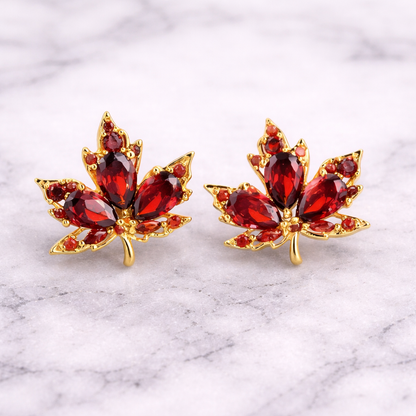 Maple Leaf Stud Earrings with Brown Zirconia - 18K Gold Plated 925 Sterling Silver