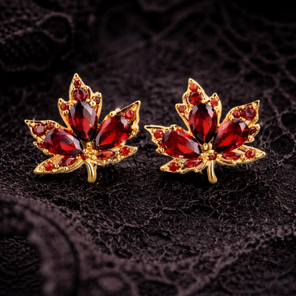 Maple Leaf Stud Earrings with Brown Zirconia - 18K Gold Plated 925 Sterling Silver
