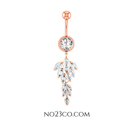 Rose gold navel ring with white cubic zirconia, made from 14G surgical steel 316L, featuring a classic curved barbell and sparkling gem accent.