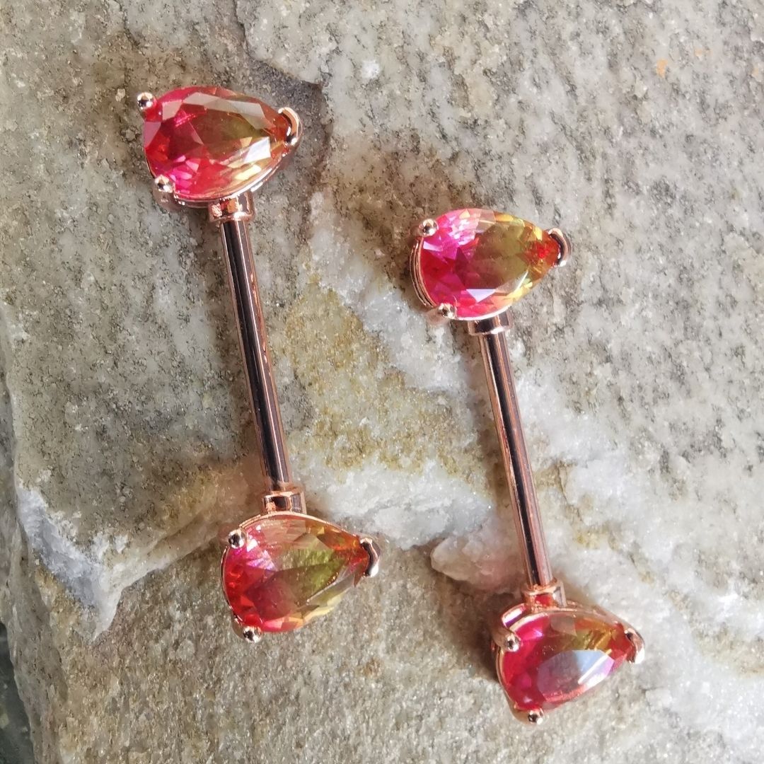 Nipple Bars Piercing Teardrops Orange On Rose Gold 14G Surgical Steel 316L