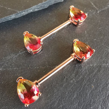 Nipple Bars Piercing Teardrops Orange On Rose Gold 14G Surgical Steel 316L