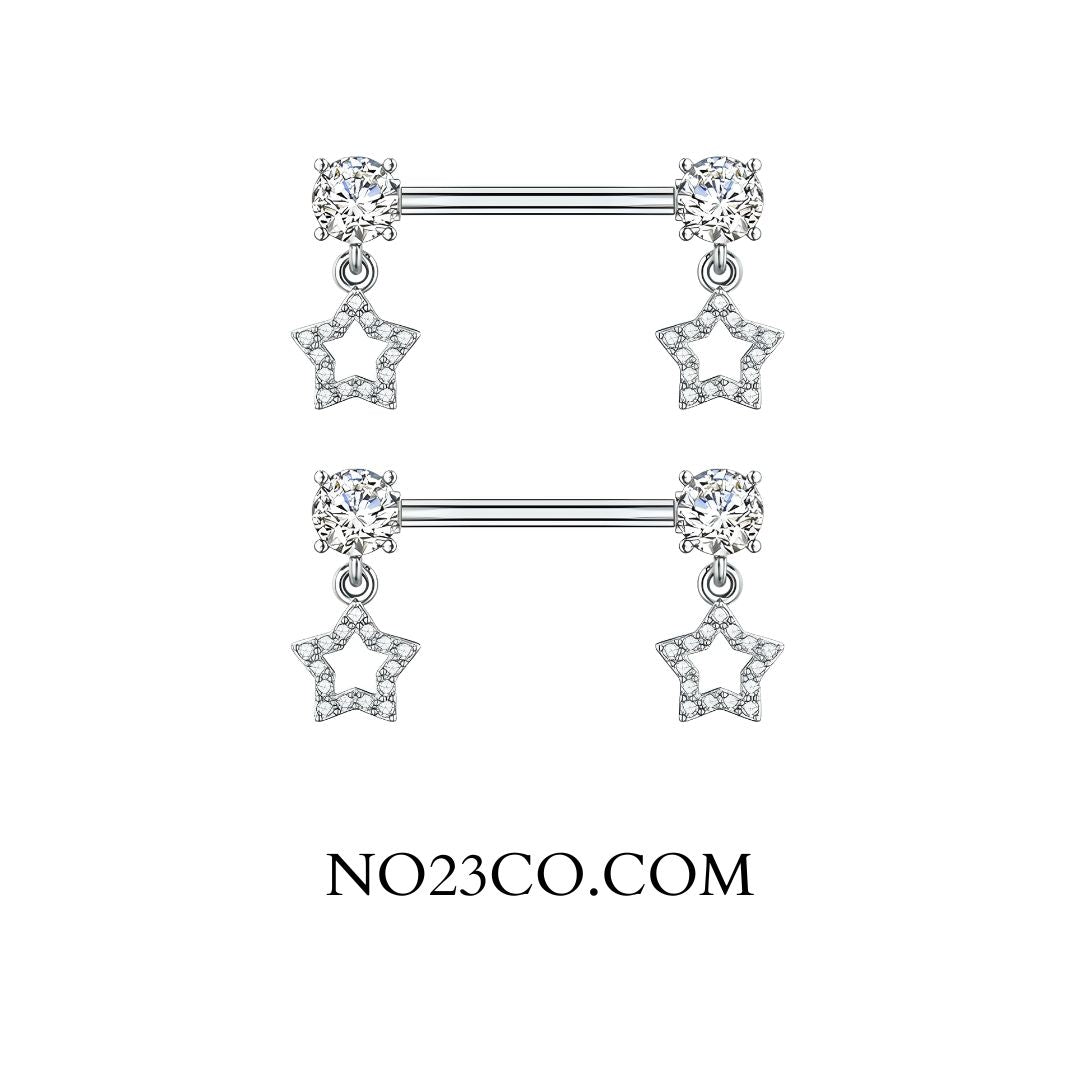 Nipple ring with dangly star-shaped on a white background, featuring the brand 'NO23CO.COM'.