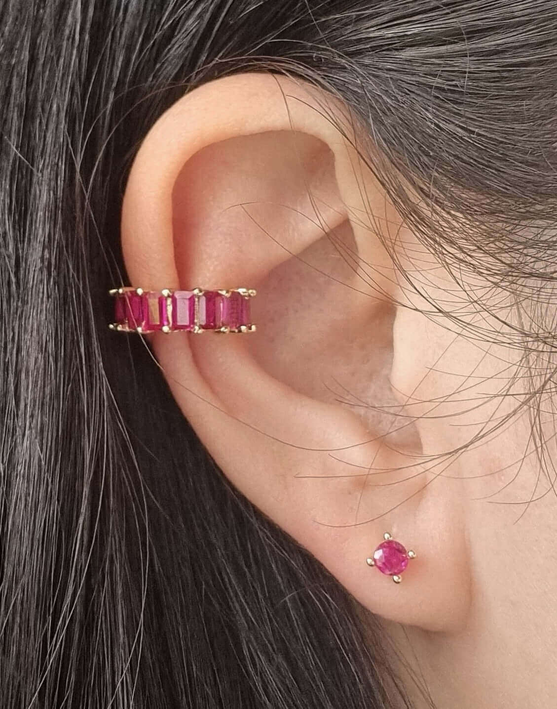 No piercing ear cuff magenta and gold ear