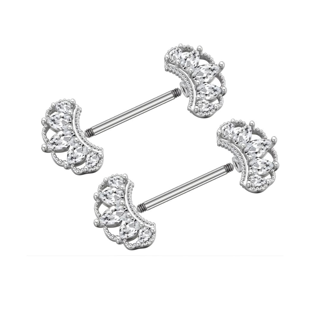 Pair of silver barbell with crown designs on a white background
