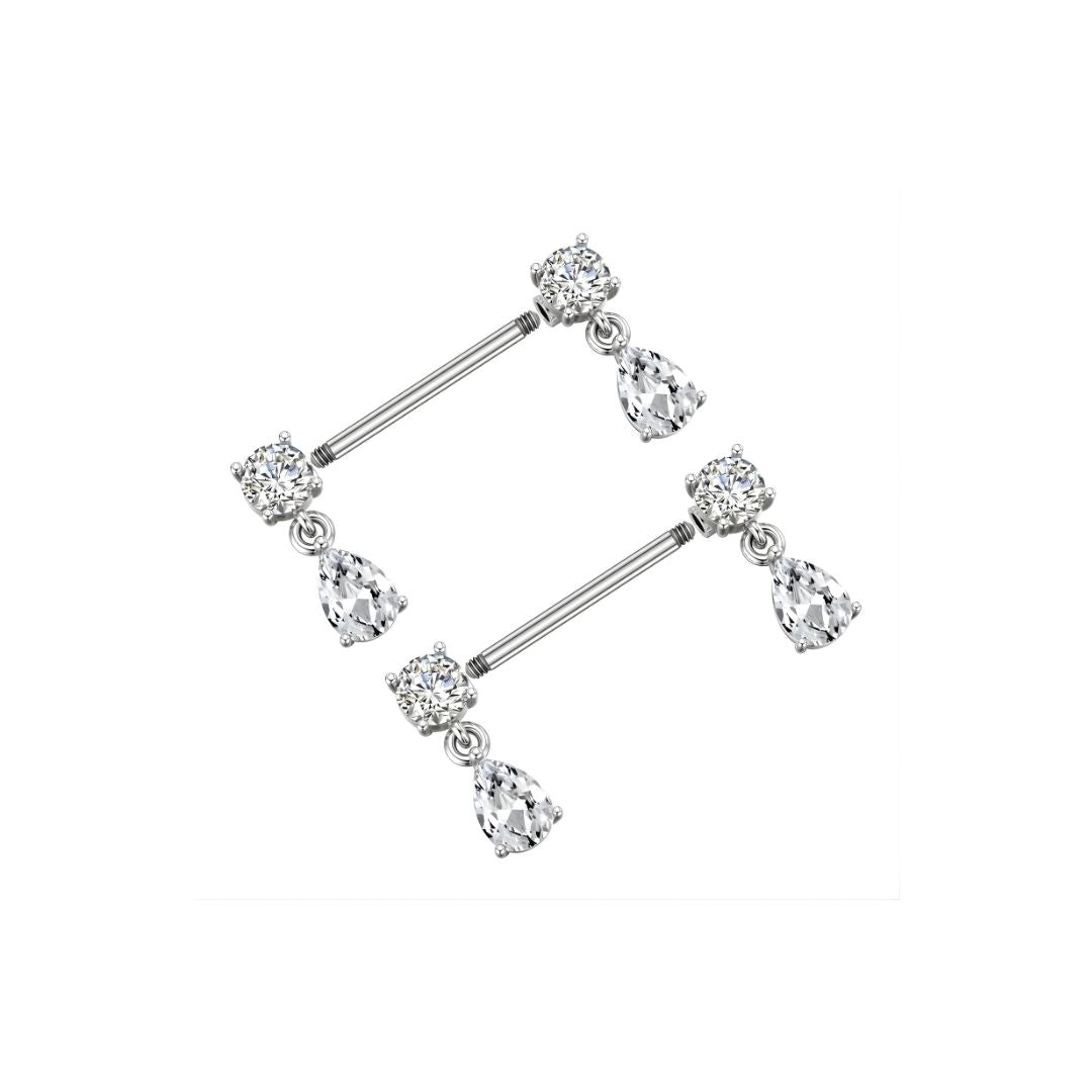 Pair of silver barbell with teardrop-shaped crystals on a white background
