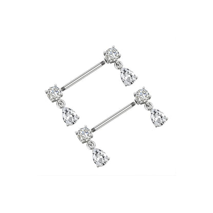 Pair of silver barbell with teardrop-shaped crystals on a white background