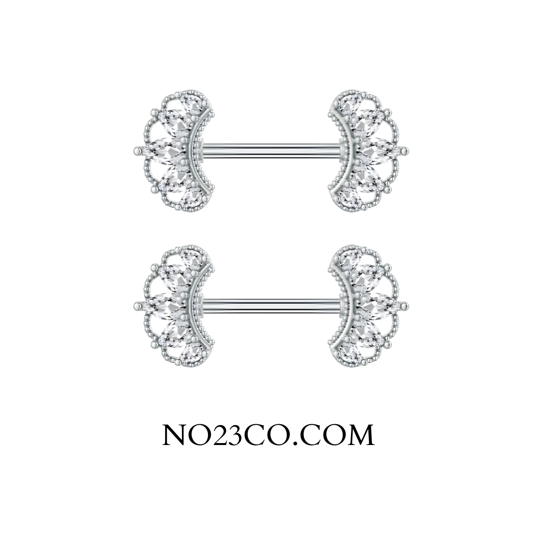 Pair of silver bars with clear gemstones on a white background, featuring the brand 'NO23CO.COM'.