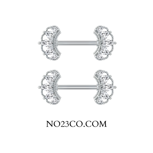 Pair of silver bars with clear gemstones on a white background, featuring the brand 'NO23CO.COM'.