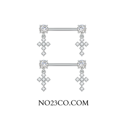 Pair of silver cross-shaped nipple bars on a white background with 'NO23CO.COM' branding.