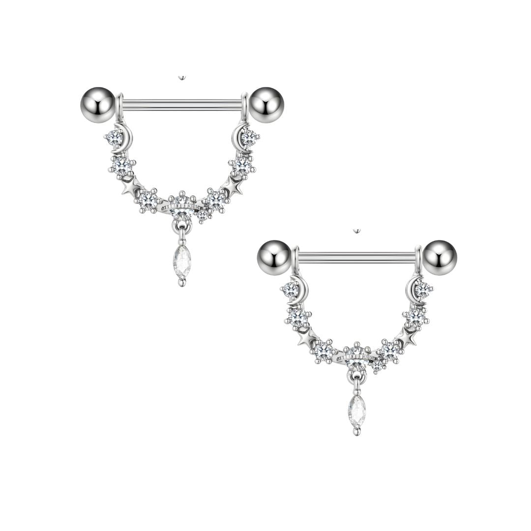 Pair of silver nipple bars with gemstone accents on a white background