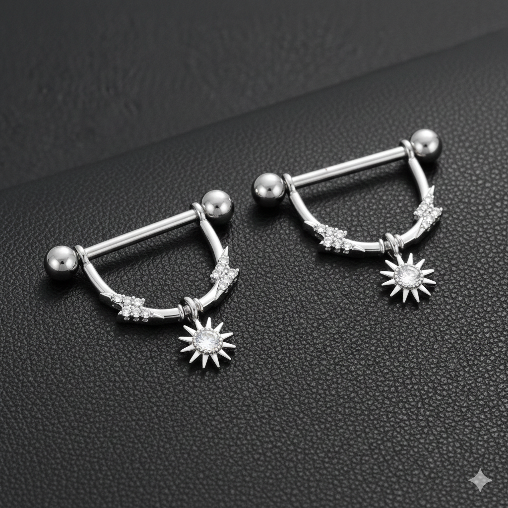 Pair of silver nipple bars with star-shaped charms on a black textured surface.