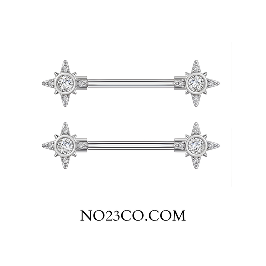 Pair of silver nipple bars with star-shaped ends on a white background, featuring the brand 'NO23CO'