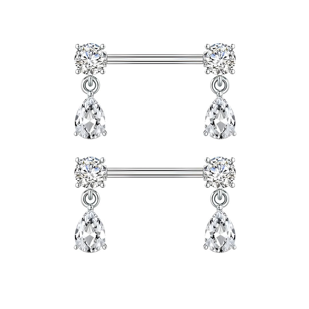 Pair of silver nipple bars with teardrop-shaped gemstones on a white background