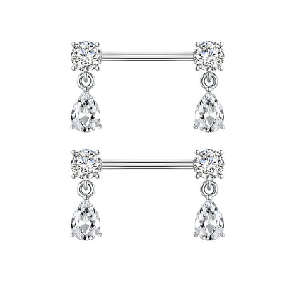 Pair of silver nipple bars with teardrop-shaped gemstones on a white background