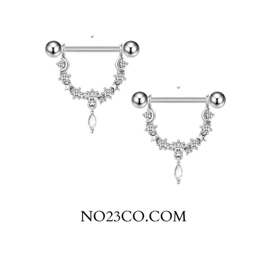 Pair of silver nipple rings with dangling crystals on a white background