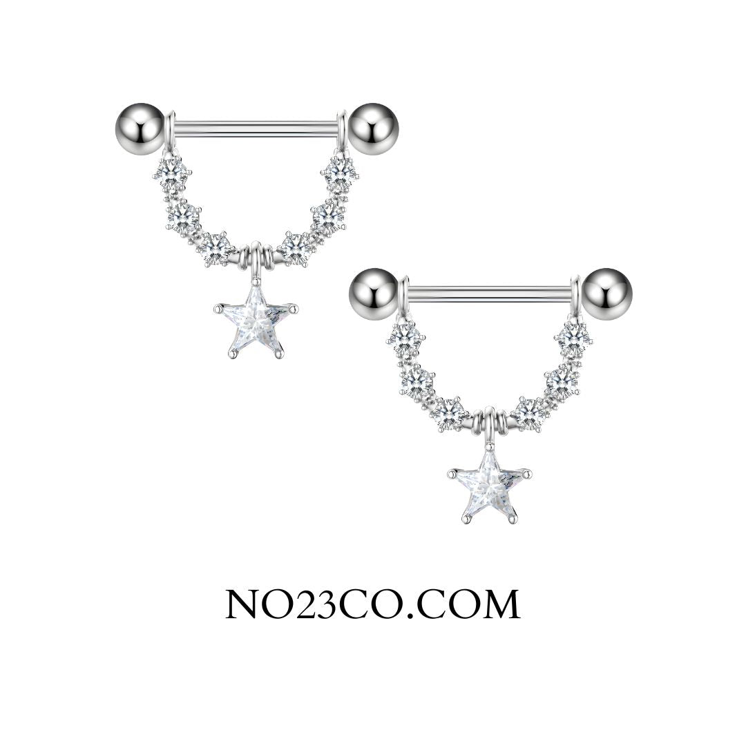 Pair of silver nipple rings with star designs on a white background