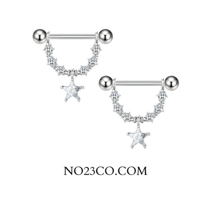 Pair of silver nipple rings with star designs on a white background