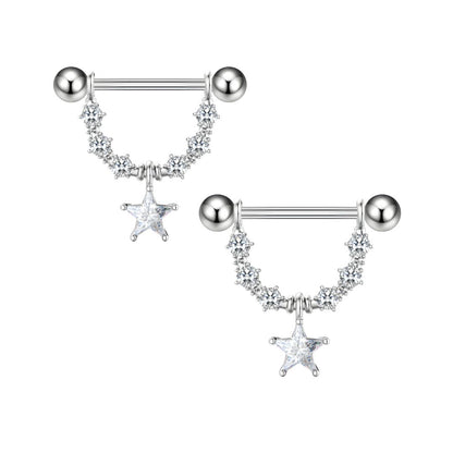 Pair of silver nipple rings with star designs on a white background