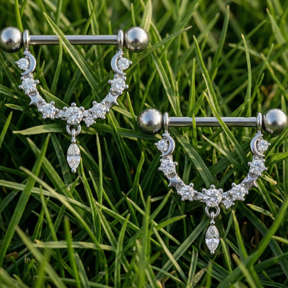 Pair of silver nipple shields with clear gemstones on grass