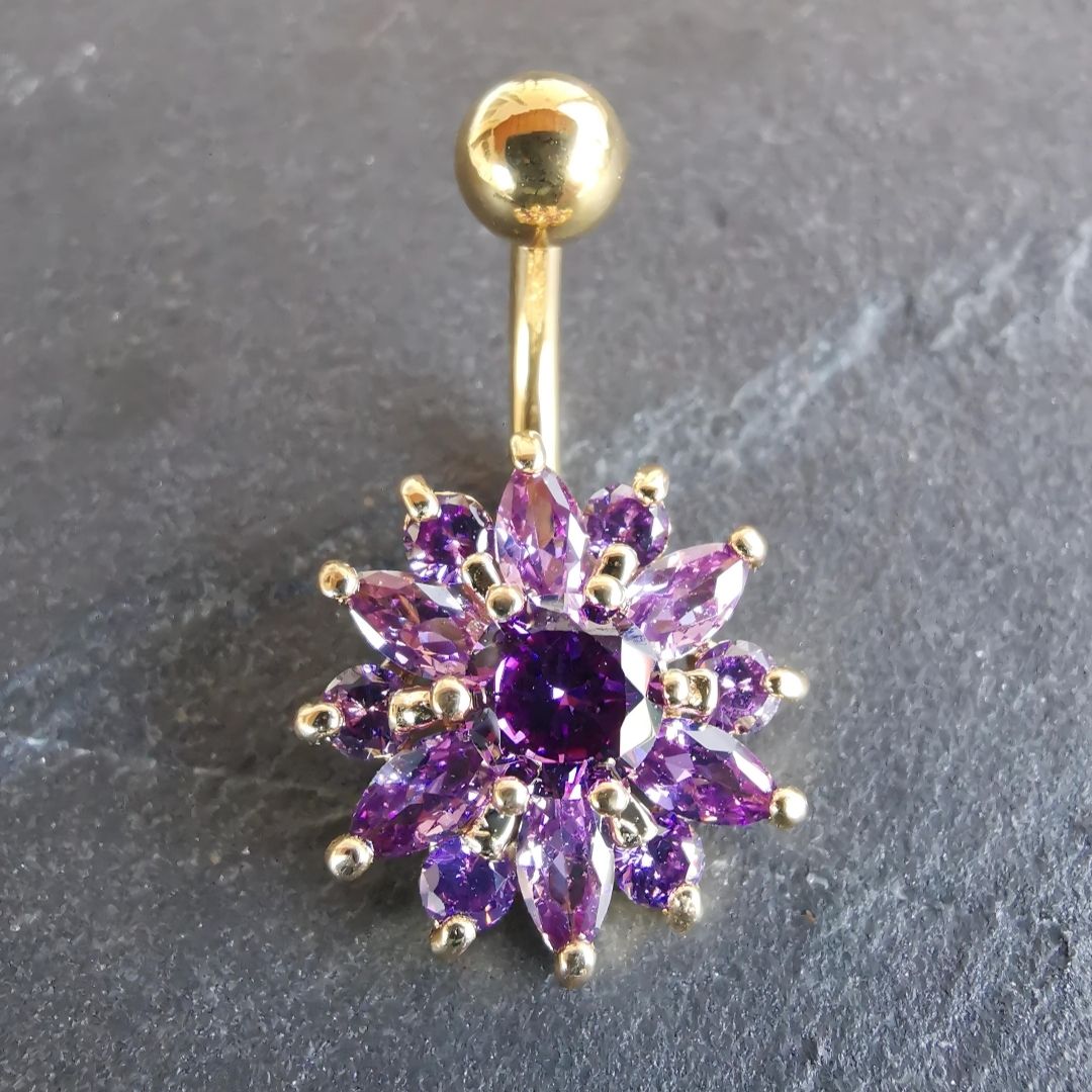 Belly Button Piercing Purple Flower Stone Navel Ring- 14G Surgical Steel 316L