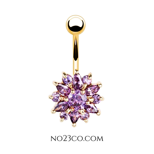 Purple Flower Stone Navel Ring Belly Button Piercing made of 14G Gold Surgical Steel 316L
