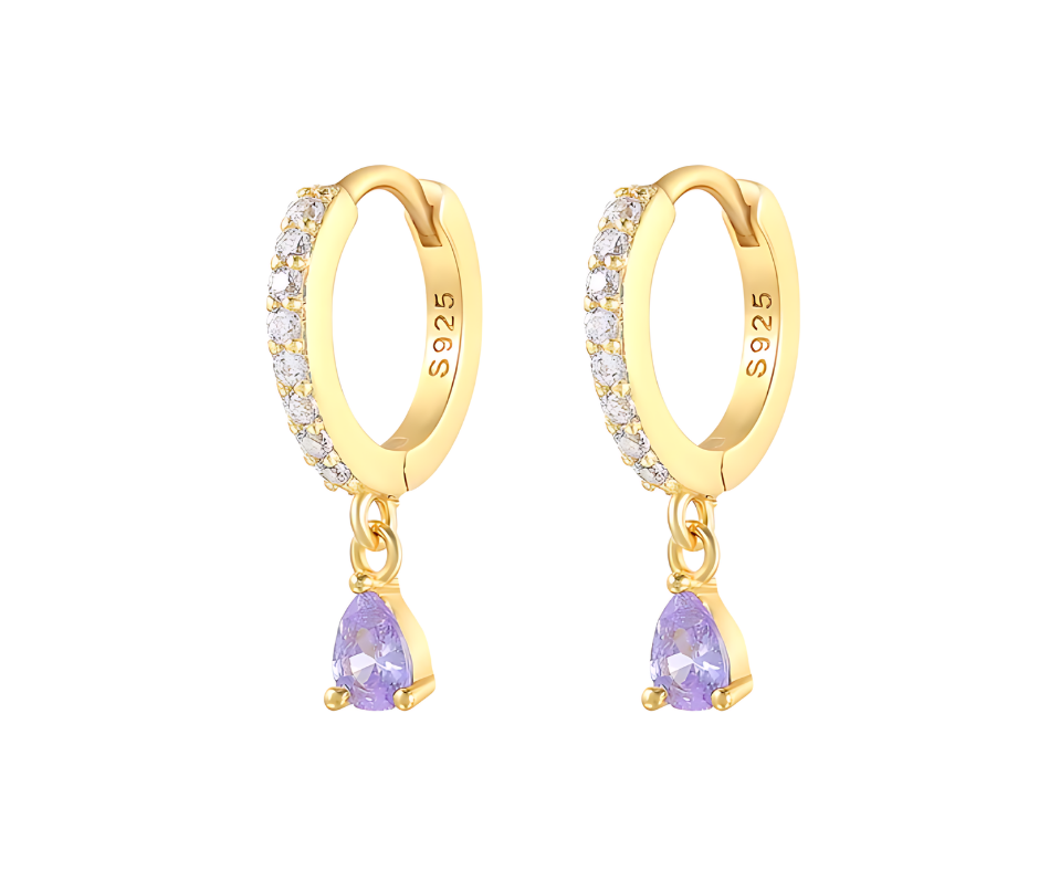 Purple Zirconia Droplet Earrings Piercing Pair -18K Gold Plated Sterling Silver 925 - No23Co