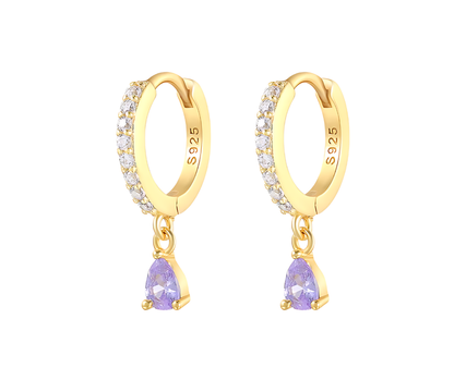 Purple Zirconia Droplet Earrings Piercing Pair -18K Gold Plated Sterling Silver 925 - No23Co