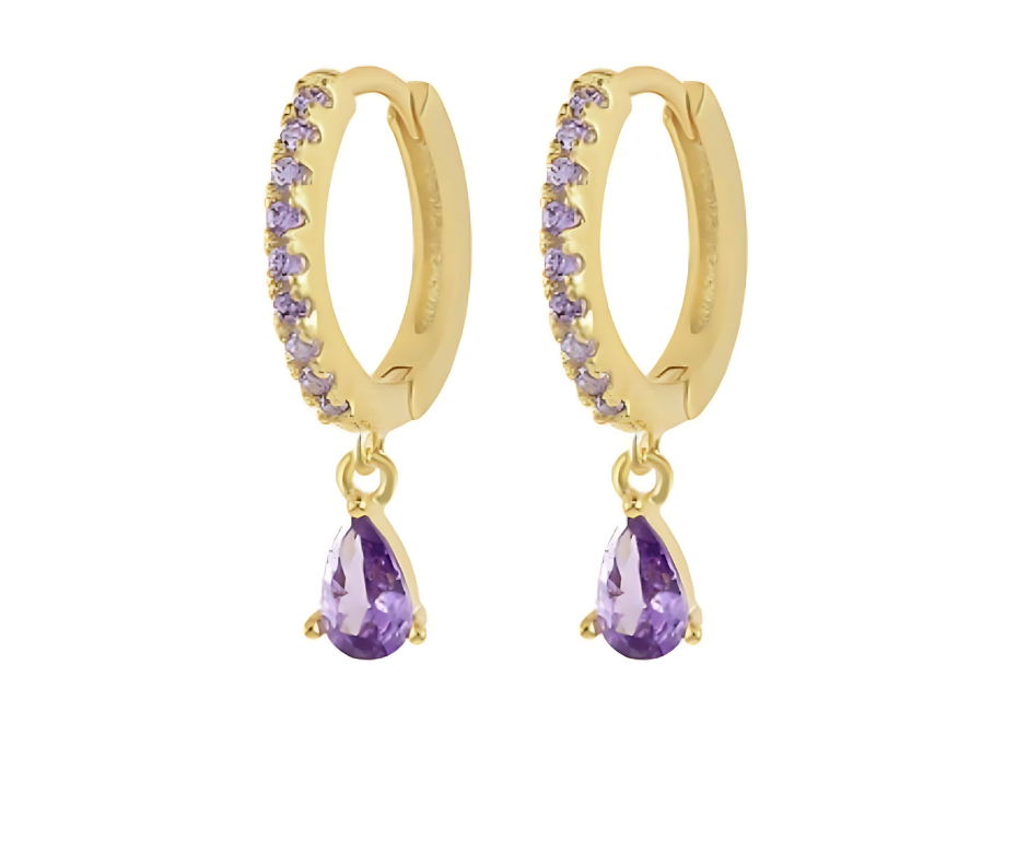 Purple Zirconia Droplet Ear Piercing Pair - 18K Gold Plated Sterling Silver 925