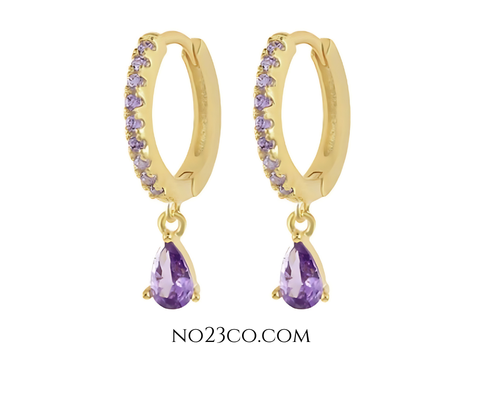 Purple Zirconia Droplet Earrings Piercing Pair -18K Gold Plated Sterling Silver 925 - No23Co