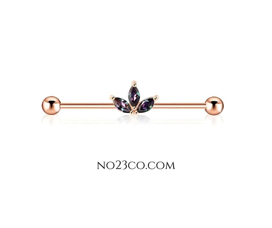 Rose Gold Industrial Bar Piercing with Aura Flower Ear Curation Stainless Steel