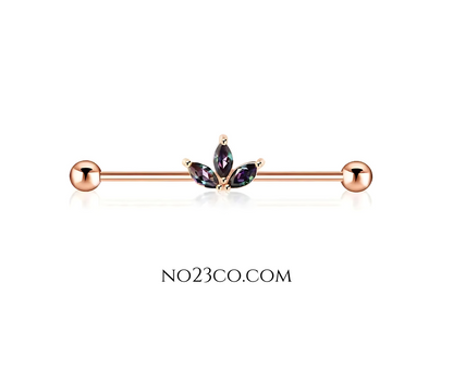 Rose Gold Industrial Bar Piercing with Aura Flower Ear Curation Stainless Steel