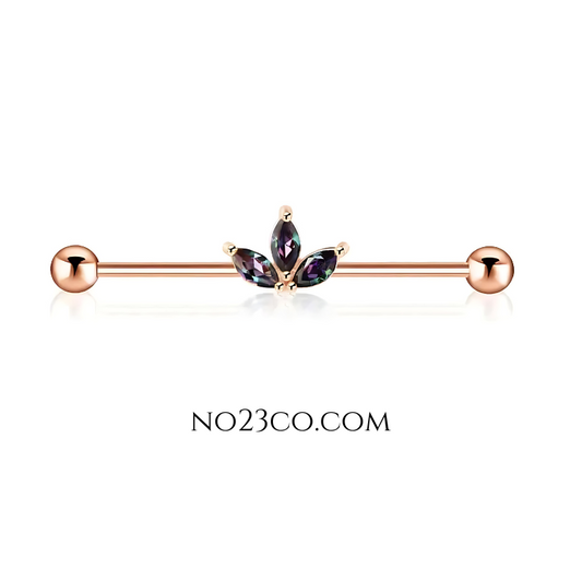 Rose Gold Industrial Bar Piercing with Aura Flower Ear Curation Stainless Steel