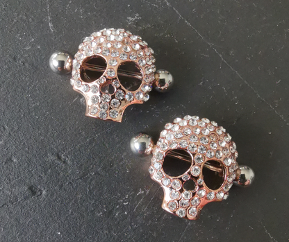 Rose Gold Skull Nipple Barbell Piercing Shields with White Zirconia Jewelry - 16G Surgical Steel 316L