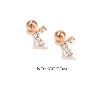 Rose Gold Stainless Steel Ear Piercing Geometric V Shape with White 5A Zirconia Stud Pair