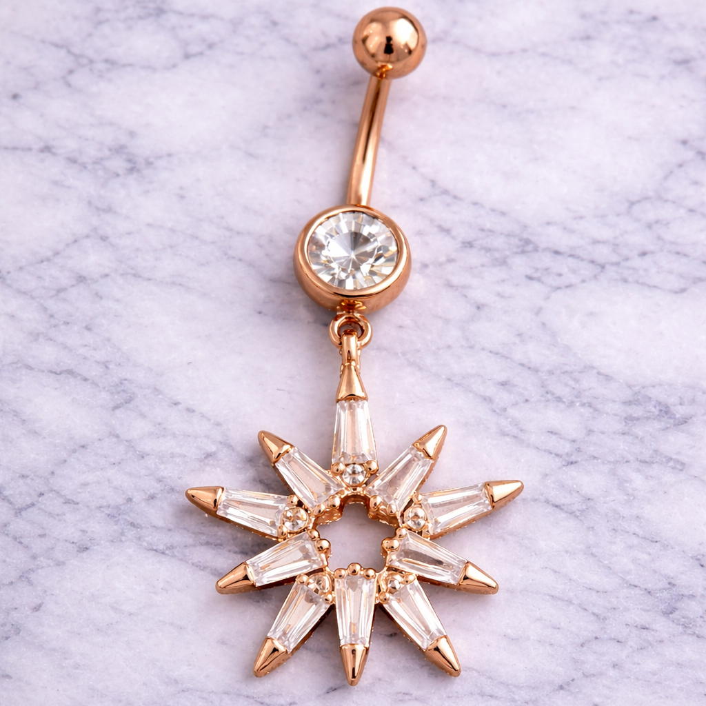 Rose gold belly button ring with star-shaped design on a marble background