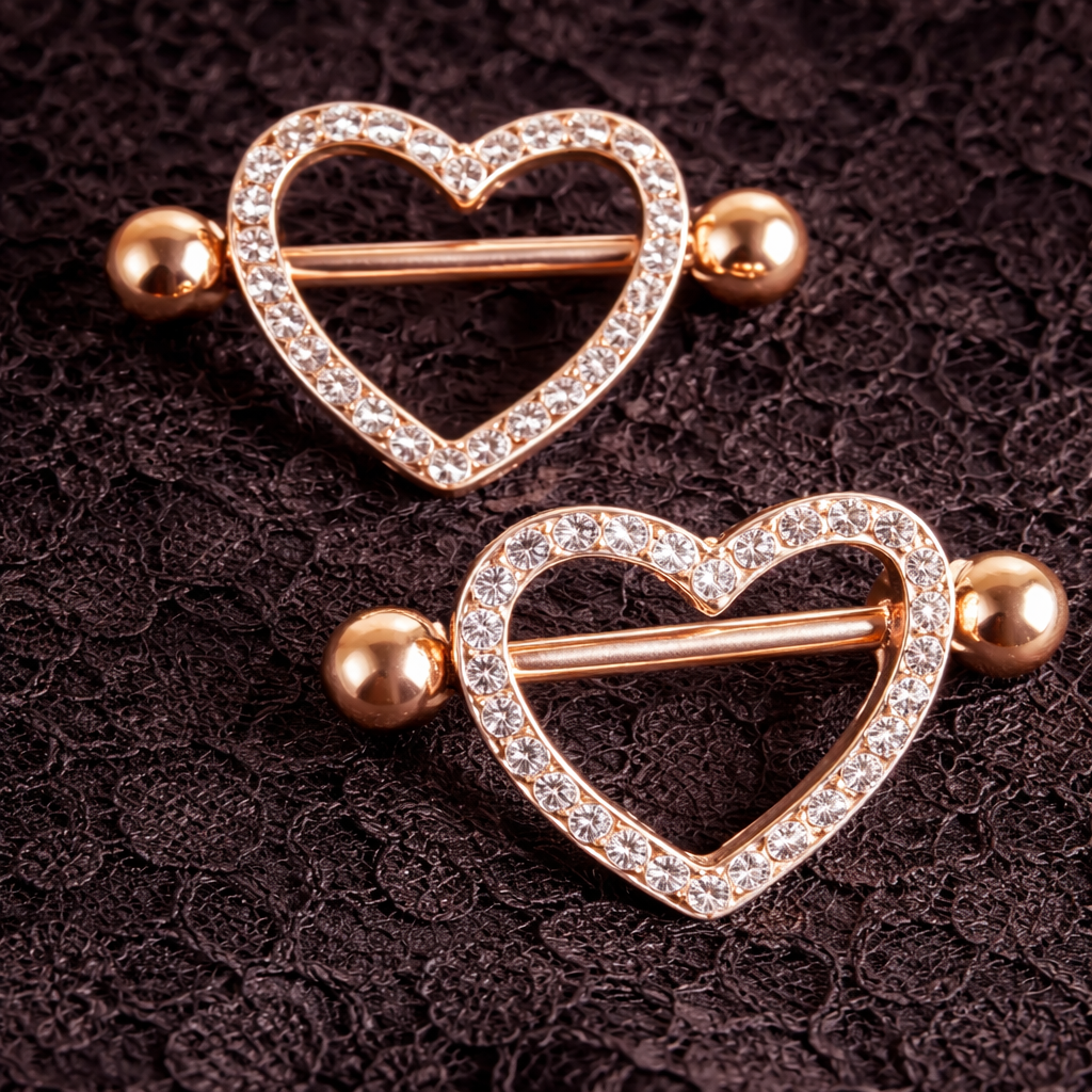Rose gold heart-shaped nipple piercing jewelry pieces on a textured brown background