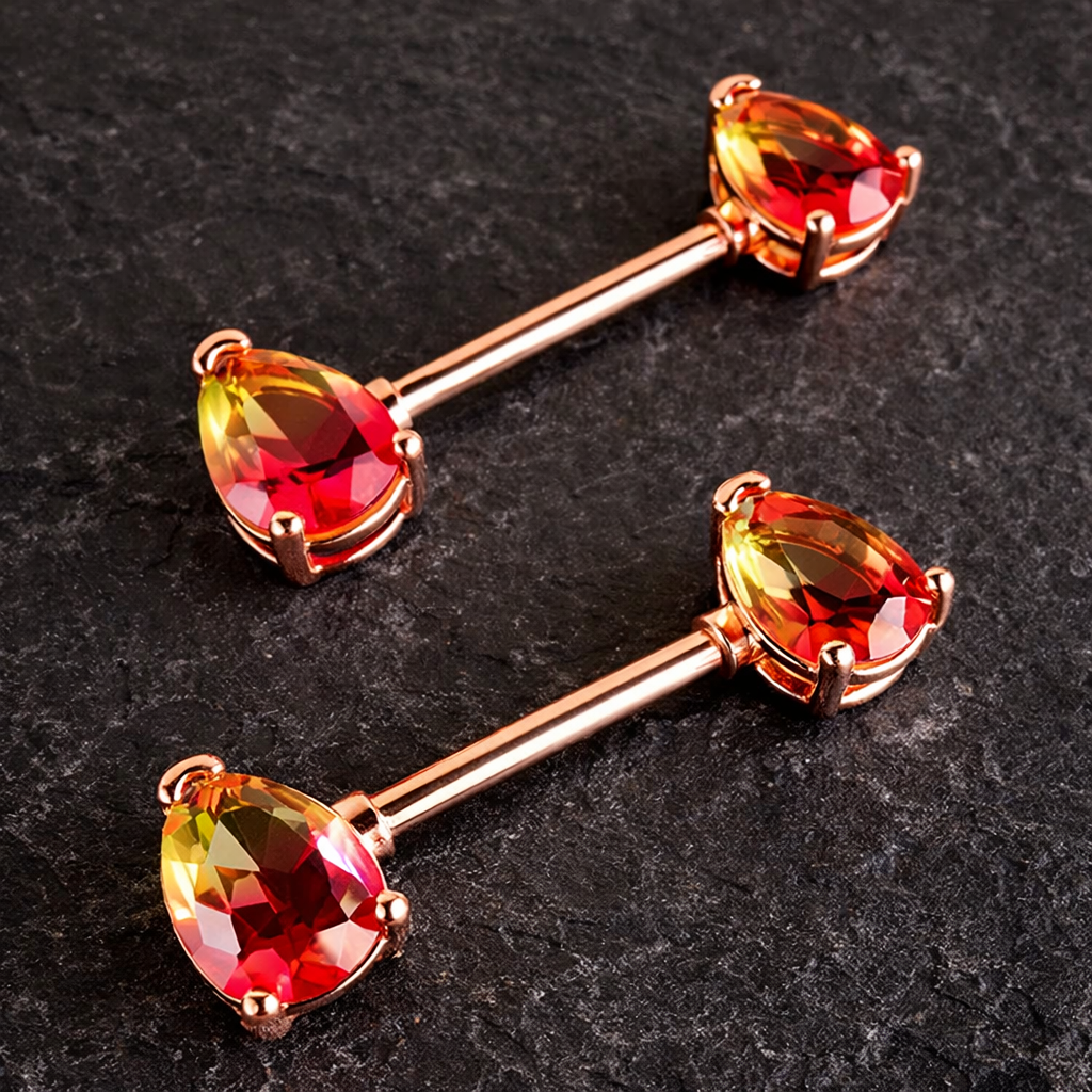 Rose gold nipple barbells with multicolored gemstones on a dark background