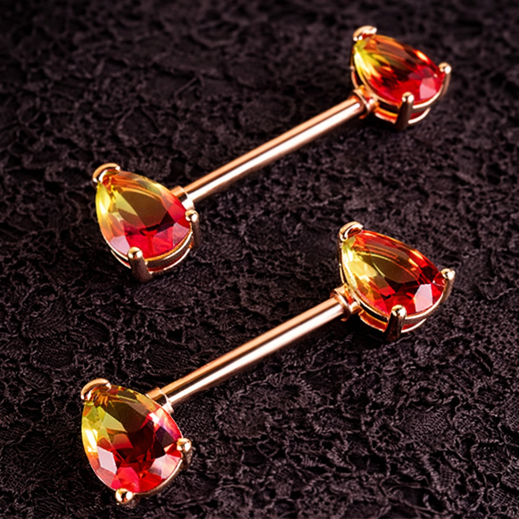 Rose gold nipple barbells with orange  gemstones on a dark textured background