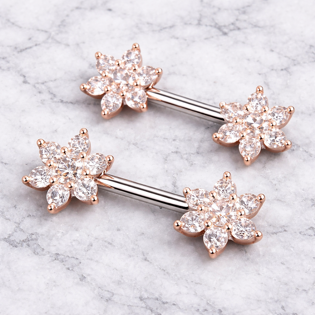 Rose gold nipple bars with flower shaped gemstones on a marble background