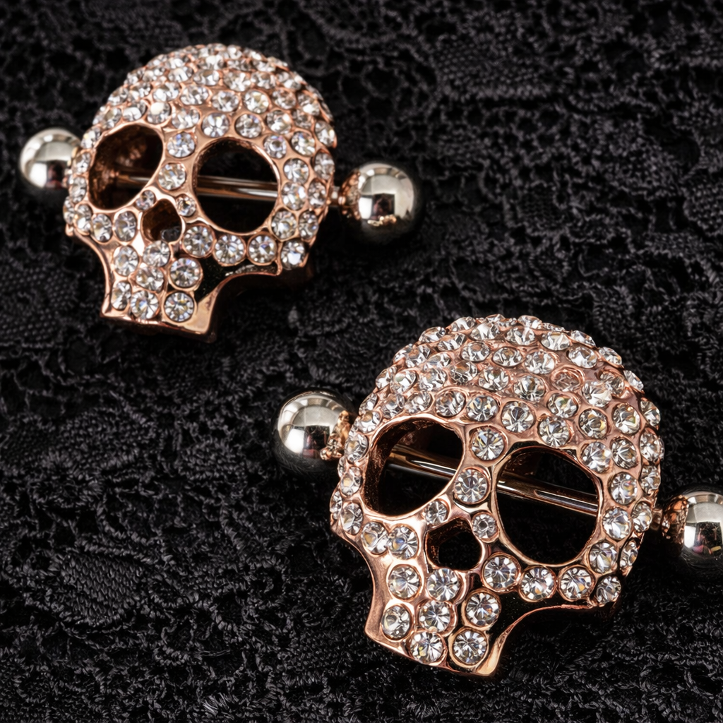 Rose gold skull nipple shields with clear gemstones on a black textured background