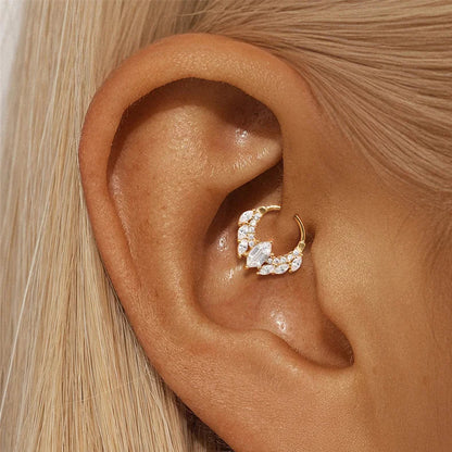 Lifestyle shot of model wearing the hypoallergenic 18 G CZ‑accented septum & daith ring