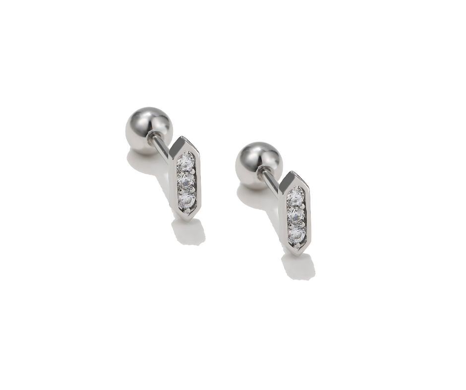 Silver Bar Ear Piercing with White 5A Zirconia Studs – Stainless Steel Jewelry