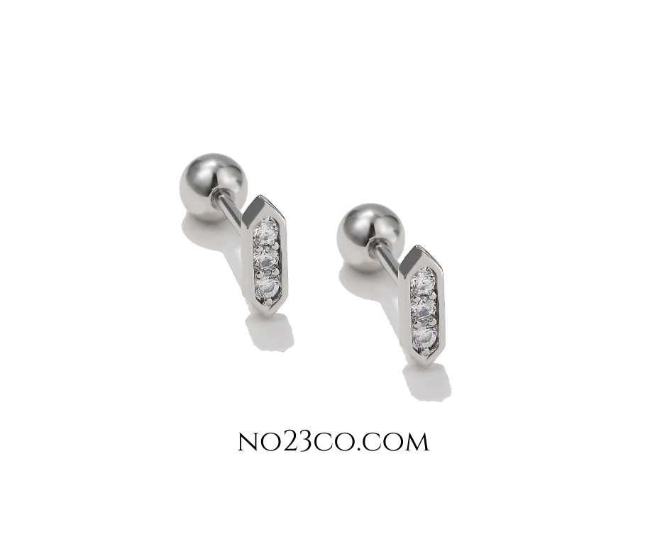 Silver Bar Earrings Piercing with White 5A Zirconia Studs – Stainless Steel Jewelry - No23Co