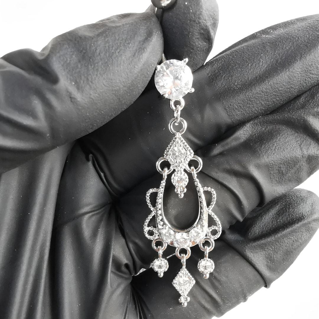 Silver boho belly button ring with a delicate dangle design, made with high-quality 14G surgical steel 316L